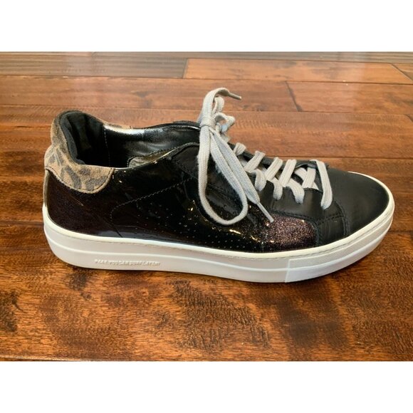 P448 Purple Sparkle Patent Leather & Leopard Lace-Up Sneakers, Size 9 US 39 IT - Picture 1 of 10